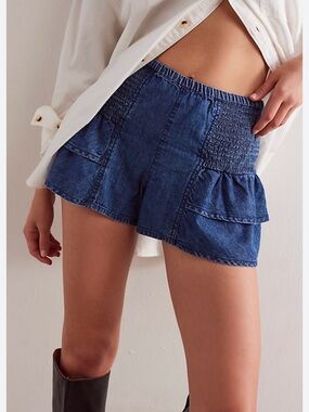 We The Free Dark Blue Smocked Ruffle Denim Shorts